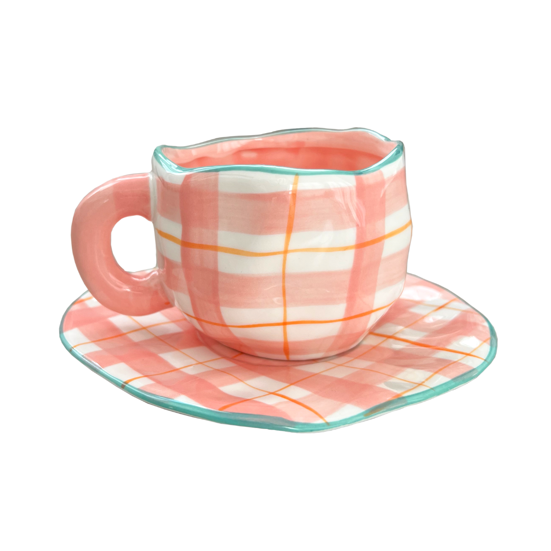 'Penny' Pink Plaid Mug and Saucer Dish Set